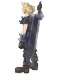  1boy alpaca_carlesi arm_at_side armor baggy_pants bandaged_arm bandages belt blonde_hair blue_eyes blue_pants blue_shirt boots brown_belt brown_footwear buster_sword cloud_strife earrings final_fantasy final_fantasy_vii full_body highres holding holding_sword holding_weapon jewelry male_focus pants profile shirt short_hair shoulder_armor single_earring sleeveless sleeveless_turtleneck solo spiked_hair suspenders sword thick_eyebrows turtleneck weapon weapon_on_back white_background 