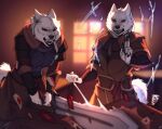  2022 anthro black_lips braided_hair breasts canid canine canis clothed clothing digital_media_(artwork) eyebrows eyelashes female fur hair lips male mammal melee_weapon necroizu open_mouth sword teeth tongue weapon white_body white_fur wolf 