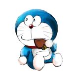  &lt;3 1:1 2019 anthro bell blue_body blue_fur candy chocolate collar dessert domestic_cat doraemon doraemon_(character) eating felid feline felis food fur holding_candy holding_chocolate holding_food holding_object machine male mammal mouth_closed mt_tg pouch_(anatomy) red_collar red_nose robot shaded simple_background sitting solo whiskers white_background white_body white_fur 
