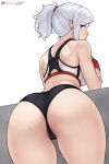  1girl ass bent_over blue_eyes bluefield buruma cameltoe elbow_rest fingerless_gloves from_behind gloves highres looking_back ponytail red_gloves rwby solo sports_bra sweat thighs white_hair winter_schnee 