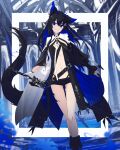  1girl absurdres animal_ear_fluff animal_ears bangs belt belt_buckle black_belt black_coat black_footwear black_hair black_sleeves blue_hair blurry blurry_background boots breasts buckle cathedral cleavage clothing_cutout coat ear_ornament earclip extra_ears fangs feet_out_of_frame fox_ears fox_girl fox_tail gloves hair_ornament hairclip highres holding holding_sword holding_weapon horns leg_tattoo long_hair long_sleeves long_tail looking_at_viewer midriff multicolored_hair nagishiro_mito navel original overcoat puffy_long_sleeves puffy_sleeves short_shorts shorts sidelocks single_glove single_sleeve skin_fangs sleeves_past_wrists small_horns smile solo stomach sword tail tattoo underboob_cutout weapon white_gloves 