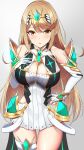  1girl bangs bare_legs bare_shoulders blonde_hair breasts chest_jewel cleavage cleavage_cutout clothing_cutout dress earrings elbow_gloves gloves highres jewelry large_breasts long_hair mythra_(xenoblade) noeomi short_dress solo swept_bangs thigh_strap tiara very_long_hair white_dress white_gloves xenoblade_chronicles_(series) xenoblade_chronicles_2 yellow_eyes 