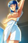  arm_up armpits bangs blue_eyes blue_hair blush breasts ceiling cowboy_shot indoors medium_breasts naked_towel nipples non-web_source nude official_art open_mouth photoshop_(medium) serizawa_miki shiny shiny_skin short_hair standing super_real_mahjong tanaka_ryou towel wet wet_hair 