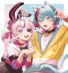  1boy 1girl absurdres ahoge animal_ears aqua_hair bangs bell black_shirt bracelet cat_ears choker claw_pose eyepatch fang hair_between_eyes heart heart_ahoge highres hood hoodie jacket jewelry kyo_kaneko looking_at_viewer maria_marionette multicolored_hair neck_bell nijisanji nijisanji_en open_mouth outside_border papercider paw_pose pink_eyes pink_hair ponytail purple_hair rabbit_ears red_hair ribbon_choker shirt sidelocks smile streaked_hair sweater tail teeth twitter_username upper_body virtual_youtuber white_shirt yellow_eyes 