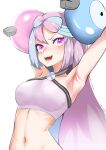  1girl absurdres afyxrdgork6hv1c armpits arms_up bow-shaped_hair breasts character_hair_ornament hair_ornament hexagon_print highres iono_(pokemon) navel pokemon pokemon_(game) pokemon_sv sharp_teeth simple_background small_breasts solo star_(symbol) star_in_eye symbol_in_eye teeth white_background x 