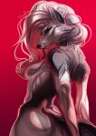  2022 anthro breasts canid canine canis digital_media_(artwork) eyebrows eyelashes featureless_breasts female fur grey_body grey_fur hair helluva_boss hi_res long_hair loona_(helluva_boss) mammal nude red_background red_eyes safiru simple_background solo white_hair wolf 