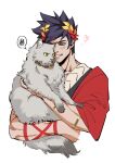  1boy absurdres animal animal_hug animalization black_hair cat chinese_commentary commentary_request fan_mu_zhang greek_clothes green_eyes grin hades_(game) heart highres holding holding_animal holding_cat hug laurel_crown male_focus smile spoken_squiggle squiggle thanatos_(hades) upper_body white_background zagreus_(hades) 