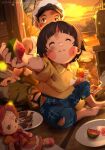  1boy 1girl black_hair blue_pants blush_stickers brother_and_sister commentary doll english_commentary food fruit hat highres holding holding_food holding_fruit hotaru_no_haka khyle. pants patreon_username plate seita_(hotaru_no_haka) setsuko_(hotaru_no_haka) shirt short_sleeves siblings sitting smile sunset tank_top watermelon white_headwear white_tank_top yellow_shirt 