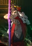  1boy absurdres aiming_at_viewer arrow_(projectile) black_hair black_sclera blurry blurry_background bow_(weapon) colored_sclera english_commentary fan_mu_zhang greek_clothes green_eyes hades_(game) heterochromia highres holding holding_bow_(weapon) holding_weapon laurel_crown looking_at_viewer male_focus muscular muscular_male parted_lips red_eyes serious skull solo teeth weapon zagreus_(hades) 