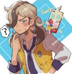  1boy ? arven_(pokemon) bangs blush brown_hair collared_shirt eyelashes finger_to_own_chin green_eyes hair_over_one_eye long_hair makoto_139 male_focus multicolored_hair necktie pokemon pokemon_(creature) pokemon_(game) pokemon_sv purple_necktie rotom rotom_phone shirt smile spoken_question_mark two-tone_hair uva_academy_uniform vest white_shirt yellow_vest 