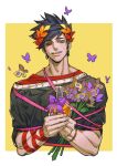  1boy absurdres ambrosia_(hades) black_hair black_sclera border bottle bug butterfly colored_sclera english_commentary fan_mu_zhang flower gift greek_clothes green_eyes hades_(game) heterochromia highres holding holding_bottle holding_flower laurel_crown looking_at_viewer male_focus muscular muscular_male open_mouth outside_border purple_ribbon red_eyes ribbon sweatdrop teeth upper_teeth white_border yellow_background zagreus_(hades) 