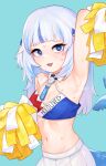  1girl :3 absurdres aqua_background arm_up armpits bags_under_eyes bangs bare_shoulders blue_eyes blue_hair blunt_bangs breasts cheerleader cowboy_shot detached_collar fang fish_tail gawr_gura grey_hair hair_ornament highres hololive hololive_english hun2 long_hair looking_at_viewer medium_hair midriff multicolored_hair navel open_mouth pleated_skirt pom_pom_(cheerleading) shark_girl shark_hair_ornament shark_tail sharp_teeth side_ponytail simple_background skirt small_breasts solo streaked_hair sweat sweatdrop tail teeth two_side_up virtual_youtuber 