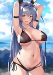  1girl absurdres alternate_costume animal_ears armband armpits arms_behind_head arms_up azur_lane bangs bikini black_bikini blue_eyes blue_hair blue_sky blurry blurry_background breasts breasts_apart chromatic_aberration cloud commentary crossed_bangs day eyes_visible_through_hair eyewear_on_head hair_between_eyes hair_intakes highres large_breasts long_hair looking_at_viewer navel new_jersey_(azur_lane) open_mouth outdoors rabbit_ears sidelocks sky smile solo sunglasses swimsuit u_ronnta very_long_hair 
