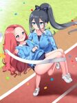  2girls absurdly_long_hair aris_(blue_archive) bangs black_hair blue_archive blue_eyes blush bow buruma carrying carrying_person collarbone commentary_request confetti embarrassed forehead grey_eyes gym_uniform hair_between_eyes hair_bow hair_ribbon highres ine_(ineinnen) jacket long_hair long_sleeves looking_at_another multiple_girls official_alternate_costume ponytail princess_carry red_hair ribbon running running_track shoes sidelocks sneakers track_jacket very_long_hair yuzu_(blue_archive) 