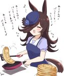  1girl animal_ears apron blush breasts closed_eyes collarbone commentary_request cooking food hair_over_one_eye hat horse_ears horse_girl kimukimu long_hair pancake rice_shower_(umamusume) school_uniform small_breasts solo tracen_school_uniform umamusume white_background 