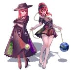  2girls absurdres alternate_costume bare_legs barefoot black_choker black_dress black_footwear black_headwear black_shirt breasts chain choker closed_mouth clothes_writing commentary_request dress earth_(ornament) fedora flower frilled_skirt frills gold_chain hat hat_flower hecatia_lapislazuli high_heels highres medium_breasts moon_(ornament) multicolored_clothes multicolored_skirt multiple_girls off-shoulder_shirt off_shoulder open_mouth plaid plaid_skirt polos_crown red_eyes red_hair red_lips shirt shouxishao_jiuyuan simple_background skirt skull_print t-shirt touhou white_background 