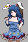  1girl :d animal_ears blue_dress blue_hair breasts cleavage cowboy_shot crescent_print dress earclip grey_background highres kine large_breasts long_hair looking_at_viewer mallet open_mouth rabbit_ears red_eyes seiran_(touhou) short_sleeves simple_background smile solo standing star_(symbol) star_print touhou zawapirori 