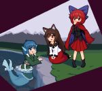  animal_ears black_footwear black_shirt blue_bow blue_cape blue_eyes blue_hair blue_sash boots bow brooch brown_hair cape cloak covered_mouth dress drill_hair drill_locks fds_ty frilled_kimono frills green_kimono hair_bow head_fins imaizumi_kagerou japanese_clothes jewelry kimono lake long_hair long_sleeves medium_hair mermaid misty_lake monster_girl obi outdoors partially_submerged pixel_art pleated_skirt purple_sash red_cape red_cloak red_dress red_eyes red_hair red_skirt sash sekibanki shirt short_hair skirt tail touhou two-tone_cape very_long_hair wakasagihime white_dress wolf_ears wolf_girl wolf_tail 