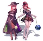  2girls alternate_costume bare_legs barefoot black_choker black_dress black_footwear black_headwear black_shirt breasts chain choker closed_mouth clothes_writing commentary_request dress earth_(ornament) fedora flower frilled_skirt frills gold_chain hat hat_flower hecatia_lapislazuli high_heels highres medium_breasts moon_(ornament) multicolored_clothes multicolored_skirt multiple_girls off-shoulder_shirt off_shoulder open_mouth plaid plaid_skirt polos_crown red_eyes red_hair red_lips shirt shouxishao_jiuyuan simple_background skirt skull_print t-shirt touhou white_background 