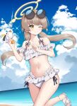  1girl ;) bangs beach bikini blue_archive blue_sky blurry brown_hair cloud cloudy_sky commentary_request depth_of_field eyewear_on_head frilled_bikini frills halo hifumi_(blue_archive) hifumi_(swimsuit)_(blue_archive) highres holding holding_water_gun horizon ine_(ineinnen) long_hair looking_at_viewer low_twintails navel ocean official_alternate_costume one_eye_closed peroro_(blue_archive) side-tie_bikini_bottom sidelocks sky smile solo spaghetti_strap standing standing_on_one_leg stomach sunglasses swimsuit twintails water_gun wet wet_clothes wet_swimsuit yellow_eyes 
