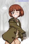  1girl :d alternate_hairstyle artist_name bangs black_gloves blunt_bangs blurry blurry_background blush bob_cut brown_eyes closed_mouth coat commentary cowboy_shot duffel_coat fingerless_gloves girls_und_panzer gloves green_coat grin kayabakoro mikko_(girls_und_panzer) one_eye_closed open_clothes open_coat orange_skirt red_hair shirt short_hair sketch skirt smile snow snowball snowball_fight solo throwing tree twitter_username yellow_shirt 