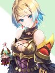  2girls absurdres alternate_costume armor bangs black_feathers blonde_hair blue_eyes blue_hair breasts cape chibi clear_glass_(mildmild1311) cleavage cosplay covering_mouth earrings feather_sleeves feathers fire_emblem fire_emblem_heroes fjorm_(fire_emblem) green_hair highres jewelry laegjarn_(fire_emblem) laegjarn_(fire_emblem)_(cosplay) looking_at_viewer medium_breasts multicolored_hair multiple_girls o_o open_mouth shoulder_armor smile two-tone_hair watermark 