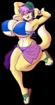  anthro big_breasts bikini black_background breasts canid canine canis clothing domestic_dog female floppy_ears footwear fur hair hat headgear headphones headwear hi_res huge_breasts looking_at_viewer mammal nipple_outline one_eye_closed purple_hair raised_leg red_eyes rook_(skidd) sandals short_hair simple_background skidd solo swimwear towel_around_waist yellow_body yellow_fur 