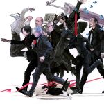  6+boys bald black_hair bug butterfly cat clenched_hand closed_eyes dragonslayer_(sword) facial_hair formal glasses goatee hat highres hirasawa_susumu jumping kon_satoshi_(director) mask multiple_boys necktie real_life red_ribbon ribbon running shirt simple_background suit sword tape walking weapon white_hair 