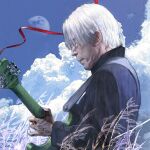  1boy closed_eyes cloud glasses guitar highres hirasawa_susumu holding holding_instrument instrument moon music plant playing_instrument real_life red_ribbon ribbon sky solo upper_body white_hair 