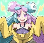  1girl bow-shaped_hair character_hair_ornament hair_ornament hexagon_print iono_(pokemon) jacket long_hair low-tied_long_hair multicolored_hair oversized_clothes pokemon pokemon_(game) pokemon_sv ryp sharp_teeth sleeves_past_fingers sleeves_past_wrists solo split-color_hair teeth very_long_sleeves x yellow_jacket 