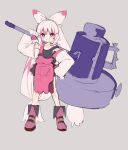  1girl apron black_dress blush boots bow daifukumochi_(akaaokiiwo) dress flower full_body gloves grey_background hair_bow hammer heart highres holding holding_hammer huge_weapon long_hair low-tied_long_hair oversized_gloves personification pink_apron pink_bow pink_flower pokemon purple_eyes simple_background sleeveless sleeveless_dress smile solo tinkaton twintails very_long_hair weapon white_gloves white_hair 