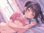  1girl black_hair breasts closed_mouth curtains highres holding_pacifier indoors looking_at_viewer lying navel nipples on_side original pacifier pajamas pajamas_lift pink_pajamas short_hair small_breasts smile solo takio_(kani_sama) twintails window yellow_eyes 