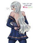  1girl absurdres arms_behind_back ashe_(league_of_legends) bangs bare_shoulders blue_dress blue_pantyhose blush breasts cookie3w3 dress english_text from_behind grey_hair heart highres league_of_legends like_and_retweet long_hair looking_at_viewer pantyhose pleated_dress simple_background solo spoken_blush twitter_strip_game undressing white_background 