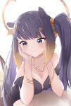  bare_arms bare_shoulders black_hair breasts chair cleavage elphe hands_on_own_cheeks hands_on_own_face highres hololive hololive_english jewelry long_hair multicolored_hair necklace ninomae_ina&#039;nis side_ponytail sitting small_breasts smile straight_hair table virtual_youtuber 