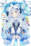  &gt;_&lt; 1girl :o animal_ears animal_on_head bear_ears bear_hat blue_bow blue_dress blue_eyes blue_flower bow breasts capelet center_frills commentary_request detached_sleeves dress fake_animal_ears fang feet_out_of_frame flower food frilled_dress frills fruit fur-trimmed_capelet fur-trimmed_headwear fur_trim grey_pantyhose hair_bow head_tilt highres long_hair long_sleeves looking_at_viewer medium_breasts on_head open_mouth original pantyhose puffy_long_sleeves puffy_sleeves sakura_oriko snowman solo star_(symbol) strawberry twintails very_long_hair white_capelet white_hair white_headwear white_sleeves 