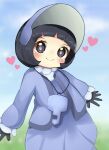  1girl bangs black_gloves black_hair blunt_bangs blush bonnet bright_pupils cardigan closed_mouth commentary_request dress eyelashes gloves grey_eyes heart highres koruk700 open_cardigan open_clothes pokemon pokemon_(game) pokemon_sv poppy_(pokemon) short_hair smile solo 