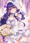  1girl alternate_costume alternate_hairstyle bare_shoulders bouquet braid braided_ponytail breasts cleavage detached_sleeves dress felielle flower genshin_impact holding holding_bouquet holding_hair lace-trimmed_collar lace-trimmed_dress lace_trim large_breasts long_hair looking_at_viewer low_ponytail mole mole_under_eye purple_eyes purple_flower purple_hair raiden_shogun rose smile solo thighhighs thighs very_long_hair watermark white_dress white_flower white_rose white_thighhighs 