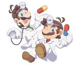  2boys antenna_hair blue_eyes brothers brown_footwear brown_hair closed_mouth coat doctor dr._luigi dr._luigi_(game) dr._mario dr._mario_(game) facial_hair gloves hand_up head_mirror headband hoshikuzu_pan labcoat lapels looking_at_viewer luigi male_focus mario mario_(series) multiple_boys mustache one_eye_closed open_mouth pants pill pocket shoes short_hair siblings simple_background smile stethoscope teeth upper_teeth white_background white_coat white_gloves white_pants 