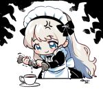  1girl anger_vein apron bangs black_bow black_dress blue_eyes blush_stickers bow brown_hair chibi closed_mouth copyright_request cup dress juliet_sleeves long_hair long_sleeves maid maid_headdress puffy_sleeves sakura_chiyo_(konachi000) saucer signature smile solo teacup trembling very_long_hair virtual_youtuber white_apron white_background wringing 