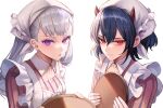  2girls :o apron black_clover blue_hair bob_cut demon_horns grey_hair highres horns looking_at_viewer multiple_girls noelle_silva purple_eyes red_eyes secre_swallowtail smile tsugutoku twintails waitress white_apron white_headdress 