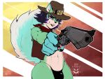  4:3 abs anthro bandanna bandanna_on_neck black_hair blaxat_(artist) blue_body blue_fur bulge canid canine clothed clothing cowboy cowboy_hat fangs fluffy fluffy_tail fox fur girly green_body green_fur gun hair half-closed_eyes handgun hat headgear headwear hi_res highlights_(coloring) kerchief lips male mammal narrowed_eyes open_clothing open_mouth open_smile open_topwear open_vest purple_highlights raised_tail ranged_weapon revolver simple_background smile solo straw_in_mouth tan_body tan_fur thick_bottom_lip thick_thighs thong topwear underwear vest weapon wide_hips 