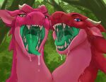  absurd_res blue_eyes bodily_fluids dragon dripping duo ears_back female feral forest green_eyes green_insides green_tongue hi_res horn hydra imminent_vore looking_at_viewer mouth_shot open_mouth pink_body pink_scales pivoted_ears plant red_body red_scales saliva saliva_drip saliva_on_tongue saliva_string salivating sarah&amp;sasha_(blaze125) scales scalie solo tongue tree vore white_horn xeniyy 