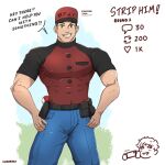  1boy artist_name bara belt belt_bag brown_hair courier_(pokemon) covered_nipples denim english_text enzobara feet_out_of_frame green_eyes hand_on_hip hat highres jeans large_pectorals looking_at_viewer male_focus manly mature_male meme muscular muscular_male pants pectorals poke_ball pokemon pokemon_(game) pokemon_sv shirt short_hair simple_background smile solo speech_bubble teeth thick_arms thick_eyebrows tight white_background 