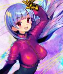  1girl :d bangs blue_hair blush bodysuit breasts commentary cropped_jacket gloves jacket kula_diamond large_breasts long_hair long_sleeves looking_at_viewer multicolored_hair onono_imoko open_mouth pink_hair red_eyes smile solo the_king_of_fighters upper_body zipper 