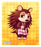  2019 animal_crossing anthro apron apron_only border checkered_background clothing eulipotyphlan female guywiththepie hedgehog hi_res mammal mostly_nude nintendo pattern_background sable_able shy simple_background solo video_games white_border 