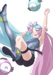  1girl :d absurdres arm_up armpits bare_arms black_shorts blue_hair boots bow-shaped_hair clenched_hands commentary_request full_body grey_pantyhose hexagon_print highres iono_(pokemon) light_blue_hair long_hair looking_at_viewer multicolored_hair open_mouth pantyhose pink_eyes pink_hair pokemon pokemon_(game) pokemon_sv sharp_teeth shorts simple_background single_leg_pantyhose smile solo split-color_hair tanabe_(fueisei) teeth thigh_strap twintails two-tone_hair v-shaped_eyebrows very_long_hair white_background 