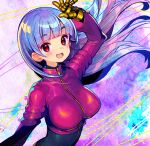  1girl :d bangs blue_hair blush bodysuit breasts commentary cropped_jacket gloves jacket kula_diamond large_breasts long_hair long_sleeves looking_at_viewer multicolored_hair onono_imoko open_mouth pink_hair red_eyes smile solo the_king_of_fighters upper_body zipper 