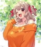  1girl ;d bare_shoulders blush bow breasts brown_hair collarbone copyright_request hair_bow highres long_sleeves looking_at_viewer medium_breasts off-shoulder_sweater off_shoulder one_eye_closed orange_sweater puffy_long_sleeves puffy_sleeves red_bow red_eyes sakura_chiyo_(konachi000) sleeves_past_wrists smile solo sweater two_side_up upper_body virtual_youtuber 