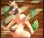  1girl alternate_hairstyle animal_ears antlers arm_tattoo ass back blurry blurry_background border breasts brown_eyes brown_hair closed_mouth cowboy_shot from_side highres holding indoors kemono_friends light_smile lips looking_at_viewer moose_(kemono_friends) moose_ears moose_girl moose_tail nude outstretched_arms scar scar_on_arm scar_on_back scar_on_leg scar_on_neck scar_on_stomach sideways_glance solo sweat tail tattoo toki_reatle towel towel_on_head wooden_wall 