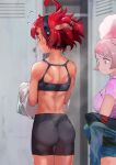  2girls absurdres afro_puffs ass asticassia_school_uniform back bike_shorts blue_eyes chuatury_panlunch cowboy_shot gundam gundam_suisei_no_majo highres indoors locker locker_room looking_at_another multiple_girls pink_eyes pink_hair pink_shirt red_hair sadamatsu_ryuuichi school_uniform shirt short_bangs sports_bra suletta_mercury surprised sweat toned undressing 